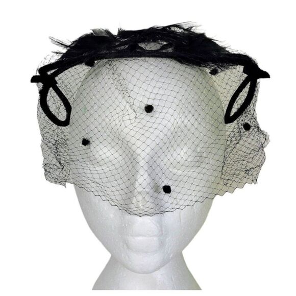 Vintage 40's 50's Black Velvet & Feathers Net Wired Fascinator Head Piece Hat - Picture 3 of 12
